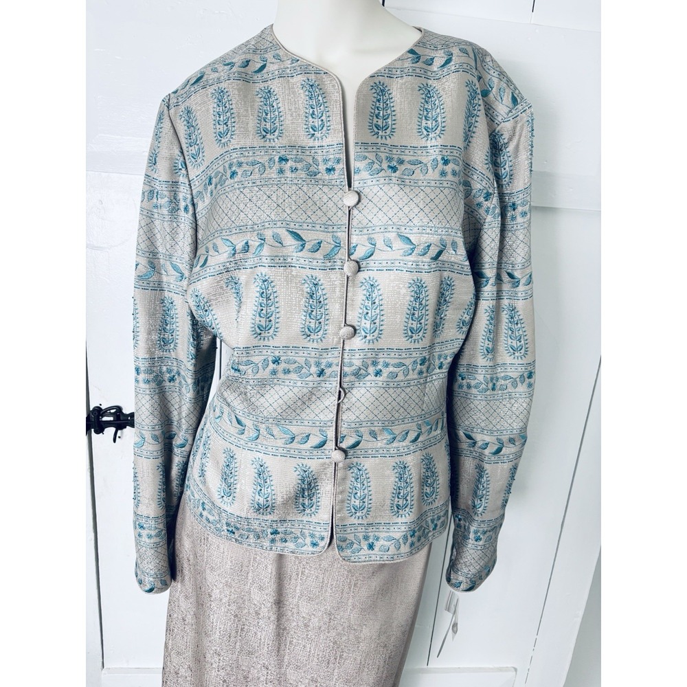Vintage Adrianna Papell 100% Silk Skirt Suit Set Tan Blue Beaded Sz 14 Tags
